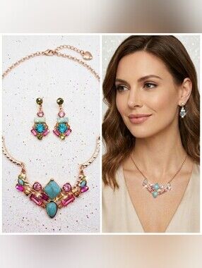 Gold pink Blue crystal turquoise stone necklace earrings set